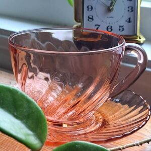 Vintage Elegant Pink Glass Teacup and Saucer 🍵☕️ Depression Glass